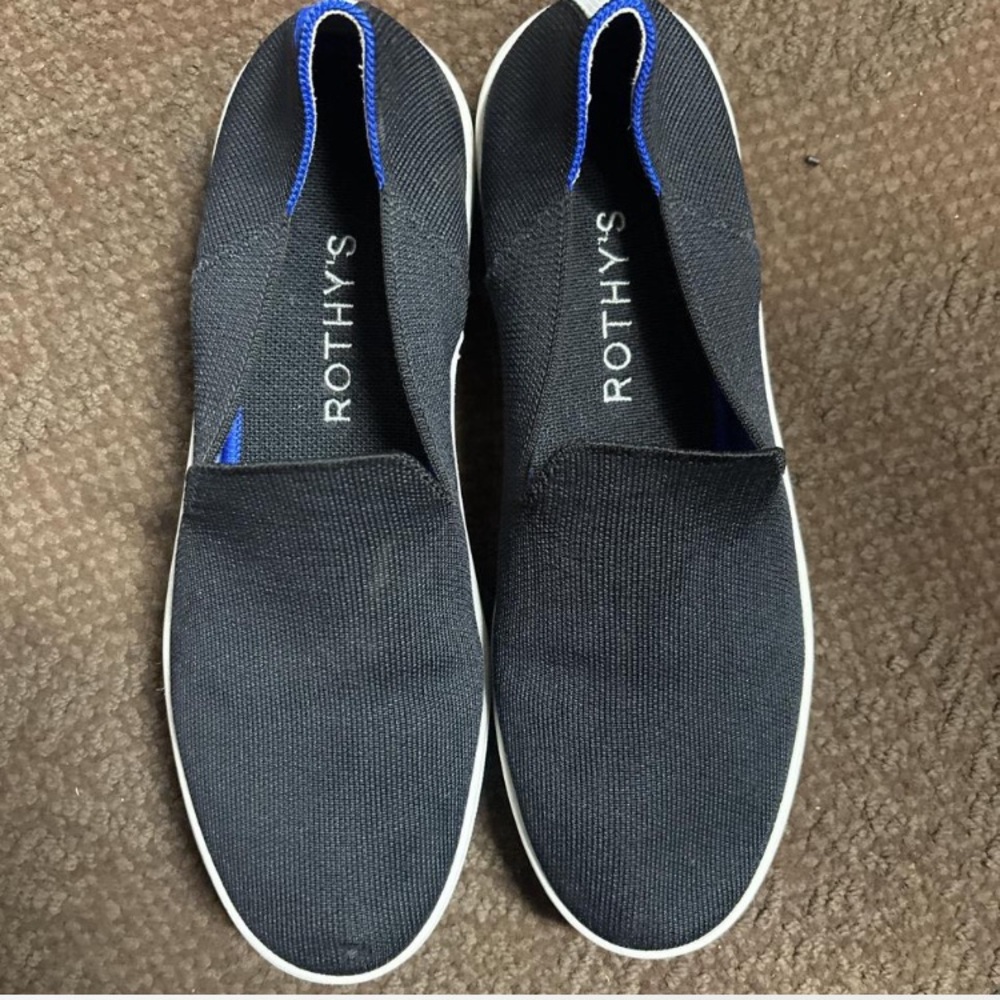 Rothy's women’s Slip-On Knit Shoe in Black with Blue Trim